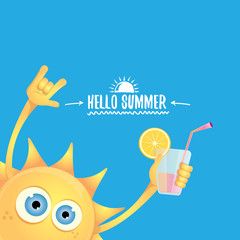 hello summer rock n roll vector label or logo. summer cocktail party poster background with funky smiling sun character