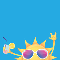 hello summer rock n roll vector label or logo. summer cocktail party poster background with funky smiling sun character © zmiter