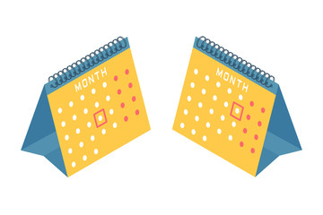 Flat isometric illustration of desktop calendar. Business and education left and right view of paper desk element. Office, school stationery and supplies vector concept isolated on white background.