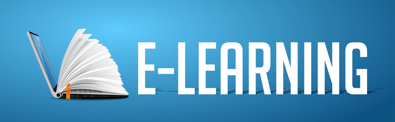 Elearning concept - laptop as book on blue banner with word E-LEARNING  