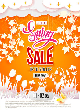 Spring Sale print poster design. Flowers, grass, clouds and butterfly cut out from white paper on a yellow backgdrop with doodle ornament. Paper art. Season Discount offer. Vector illustration
