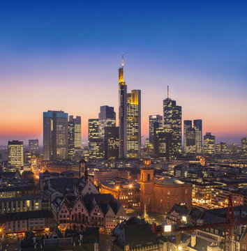 Frankfurt am Main cityscape at night, aerial view