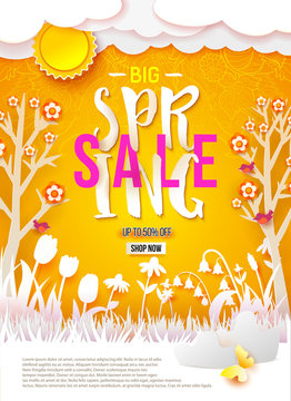 Spring Sale print poster design. Flowers, grass, clouds, sun and butterfly cut out from white paper on a yellow backgdrop with doodle ornament. Paper art. Season Discount offer. Vector illustration
