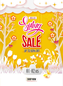 Spring Sale print poster design. Flowers, grass, clouds and butterfly cut out from white paper on a yellow backgdrop with doodle ornament. Paper art. Season Discount offer. Vector illustration
