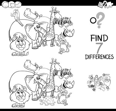 differences game with safari animals coloring book