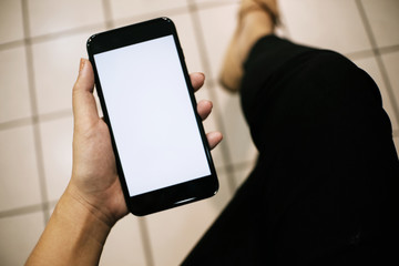 Women hands holding cell telephone blank copy space screen. smart phone with technology concept