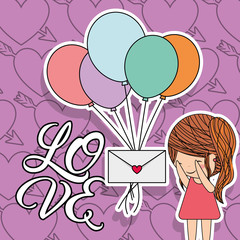 love card little girl with bunch balloons and message surprise vector illustration