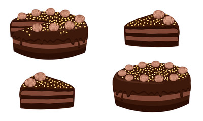 Chocolate cake with nuts whole and cut portion. Cake cut sliced with cuttings. A piece of chocolate cake. Dessert close-up isolated on white background. Vector illustration.