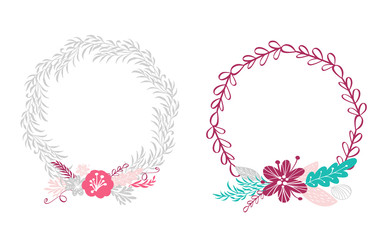 two floral wreath bouquet flowers Botanical elements isolated on white background in Scandinavian style. Hand drawn vector illustration