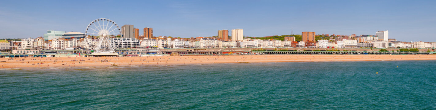 Brighton promenade and shingle beach panorama East Sussex South East England UK