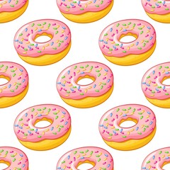 Hand drawn cartoon delicious pink strawberry donut seamless pattern, realistic food illustration, repeating colorful vector background.