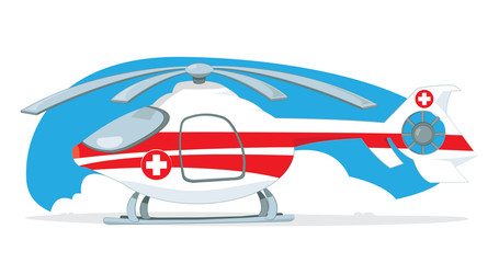 a vector cartoon representing a red and white medical helicopter, with rescue cross on it, standing on the ground. Light blue sky and some clouds on the background. Propellers are turned off