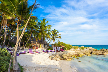 Plakat Recreation at paradise beach resort with turquoise waters of Caribbean Sea at Tulum, close to Cancun, Riviera Maya, tropical destination for vacation, Mexico