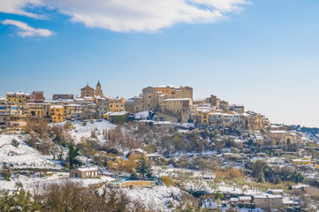 Fototapeta na wymiar Poggio Mirteto (Italy) - The historic center of a little city in province of Rieti, beside Rome capital, under the exceptional snowfall of February 2018