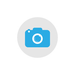 Camera icon. Flat design. Vector illustration. Blue on grey/white background.