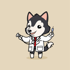 Cute cartoon character design Dark Grey Siberian Husky dog in Doctor costume 