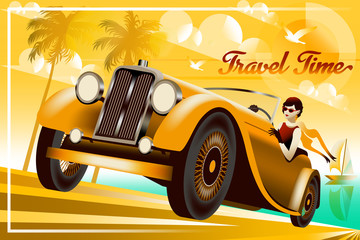 The woman in the car on the road. Handmade drawing vector illustration. Art deco style.   © alaver