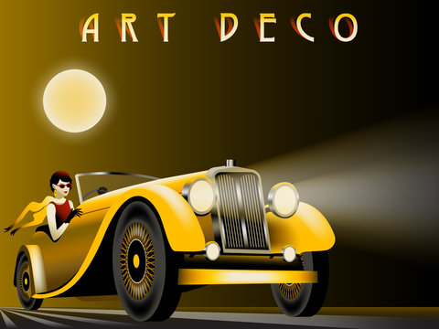 The woman in the car on the road. Handmade drawing vector illustration. Art deco style.
