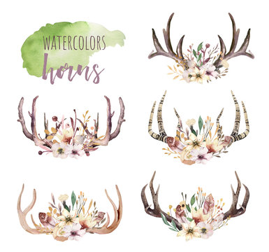 Set of watercolor floral boho antler print. western bohemian decoration. Hand drawn vintage deer horns with flowers, leaves and herbs. Eco style hipster illustration on white.