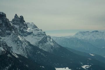 view of snow snow capped alpes, dolomites in Italy. Pale di San Martino, famous landmark