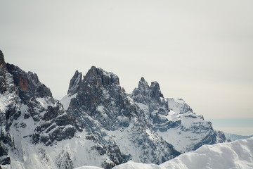 view of snow snow capped alpes, dolomites in Italy. Pale di San Martino, famous landmark