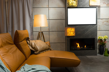 Modern leather sofa with leather pillow and blanket near gas fireplace in luxurious living room