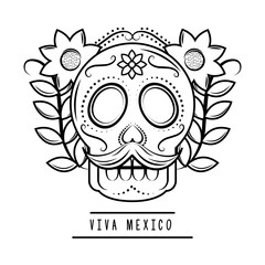 viva mexico skull mustache flowers vector illustration