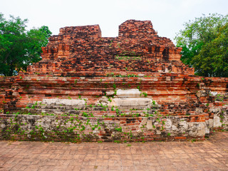 Pagoda and Ruins the old ancient wall of AyutthayaThailand
