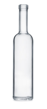 Front view of empty clear glass bottle