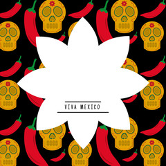 viva mexico white silhouette flower with skull chili pepper background vector illustration