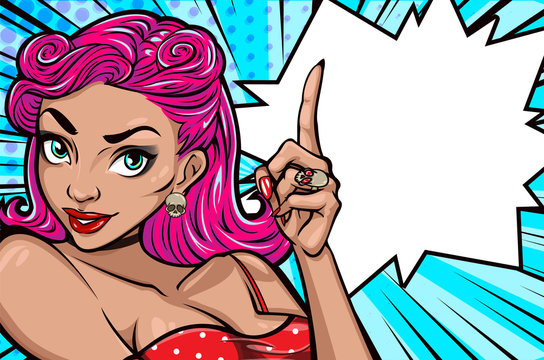 Pop art face. Sexy young woman pointing finger and speech bubble. Vector colorful background in pop art retro comic style. Banner, card, invitation and print.