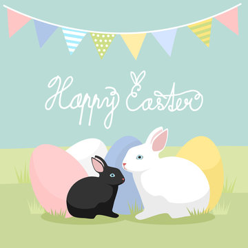 Easter bunnies with eggs, vector illustration