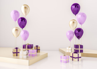Interior scene with dark and light purple and gold gift boxes and balloons. Realistic glossy 3d objects for birthday party or promotion poster. Empty space for poster size design element.