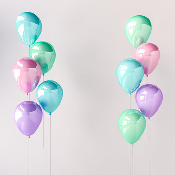 Set of blue, green, pink and purple glossy balloons on the stick on grey background. 3D render for birthday, party, wedding or promotion banners or posters. Pastel color and realistic illustration.