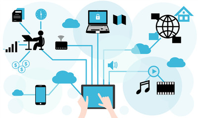 Using tablet for different purposes: social media, time management, work, games, music, entertainment etc... flat design infographic illustration.