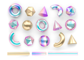 Set of 3d render realistic primitives on white background. Isolated graphic elements. Spheres, torus, tubes, cones and other geometric shapes in gold, holographic glass colors for trendy designs.