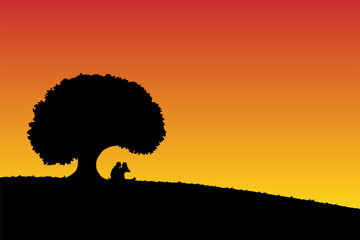 Lovers under tree at sunset. Vector illustration with silhouette of loving couple under evening sky. Bright gradient background.