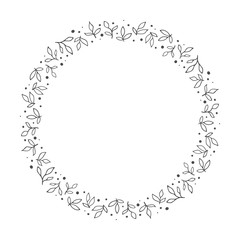 vector hand drawn floral wreath, round frame with leaves and dots, decorative design element, illustration
