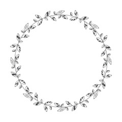 vector hand drawn floral wreath, round frame with leaves, decorative design element, illustration
