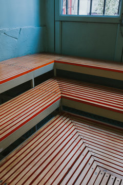 benches on a empty room