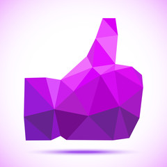 Fototapeta premium Violet -purple geometric polygonal thumb up icon. Vector illustration