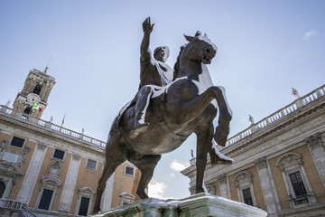 Marco Aurelio sul Campidoglio con la neve del 26 febbraio 2018 a Roma