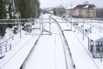 Railway covered in white snow cancelled train service
