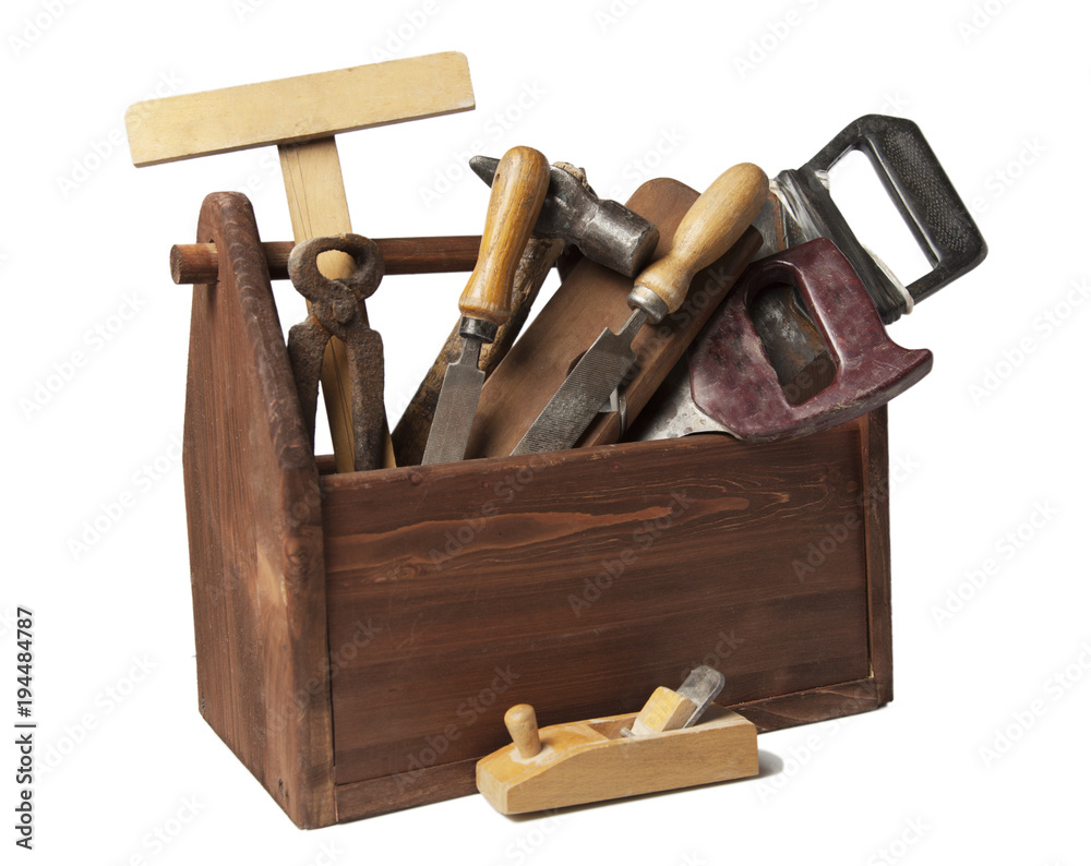 Sticker old carpenter wooden toolbox with tools isolated on white