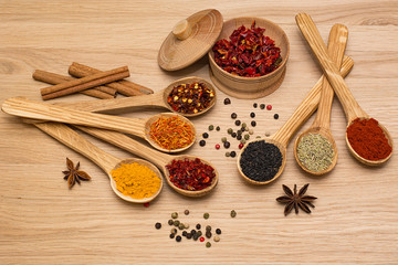 Spice. Spice in a wooden spoon. Herbs. Curry, saffron, turmeric, pepper and others on a wooden background.