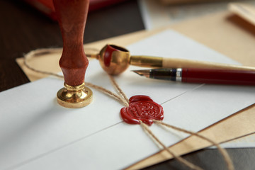 Notary's public pen and stamp on testament and last will. Notary public tools