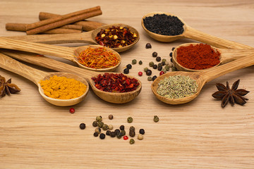 Spice. Spice in a wooden spoon. Herbs. Curry, saffron, turmeric, pepper and others on a wooden background.