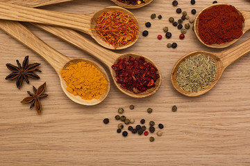 Spice. Spice in a wooden spoon. Herbs. Curry, saffron, turmeric, pepper and others on a wooden background.