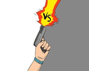 Versus letters fight backgrounds comics style design.Hand holds gun, Vector illustration