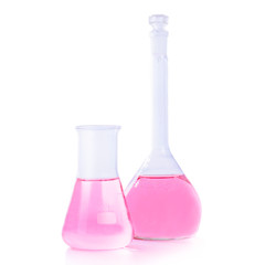 Chemical laboratory experiment beakers and test flasks with colorful liquids and reagents. Research biology science and medical laboratory. Biochemistry technology concept.